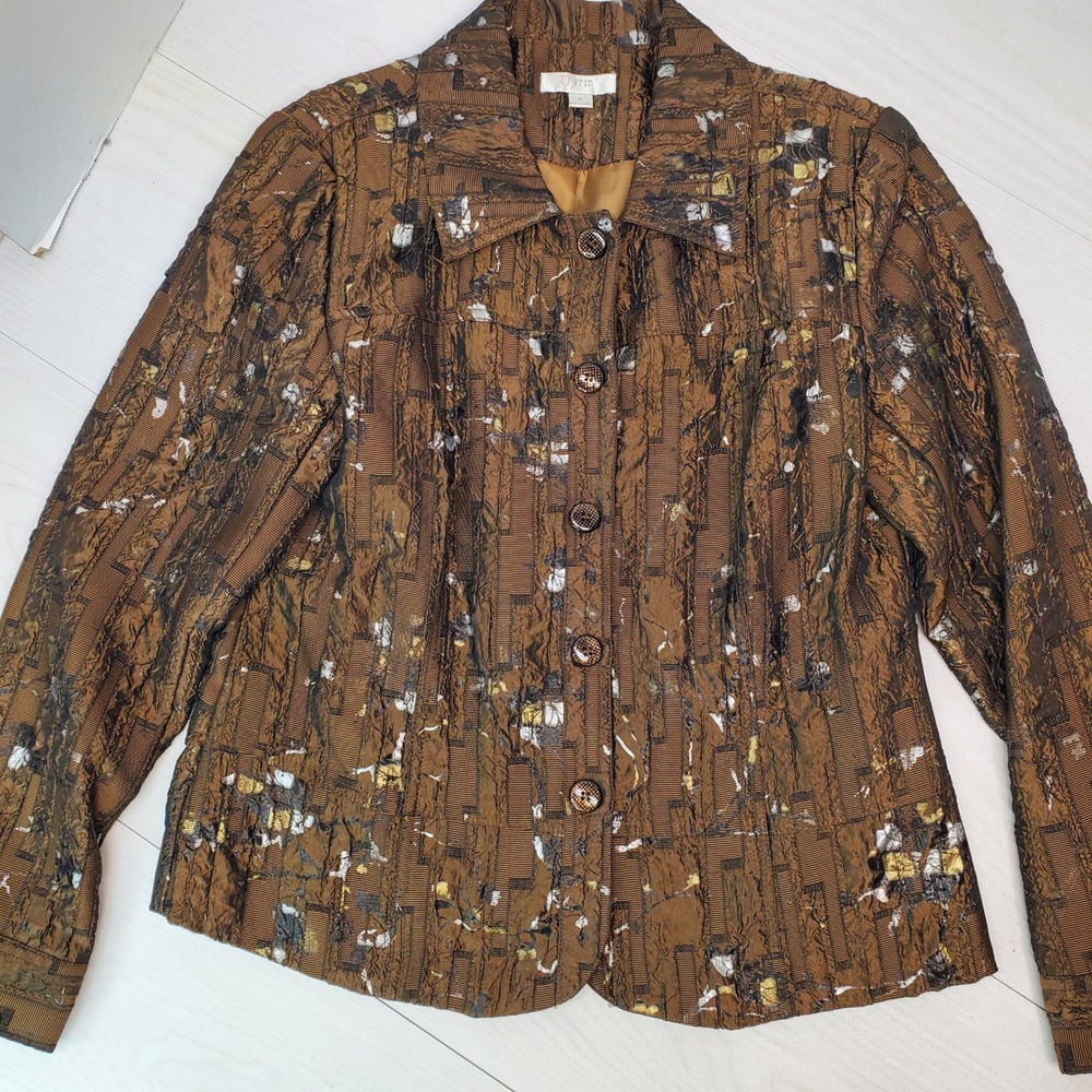 Erin Womens Brown Textured Abstract Button Front Blazer Size M Metallic Eclectic